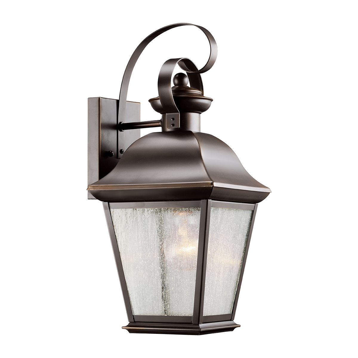 Mount Vernon Bronze außenlampe Von Elstead Lighting - Die Leuchte ist aus Metall gefertigt und mit einer eleganten Bronze-Optik versehen, die mit klarem Glas und einer markanten, rauen Struktur kombiniert wird.
