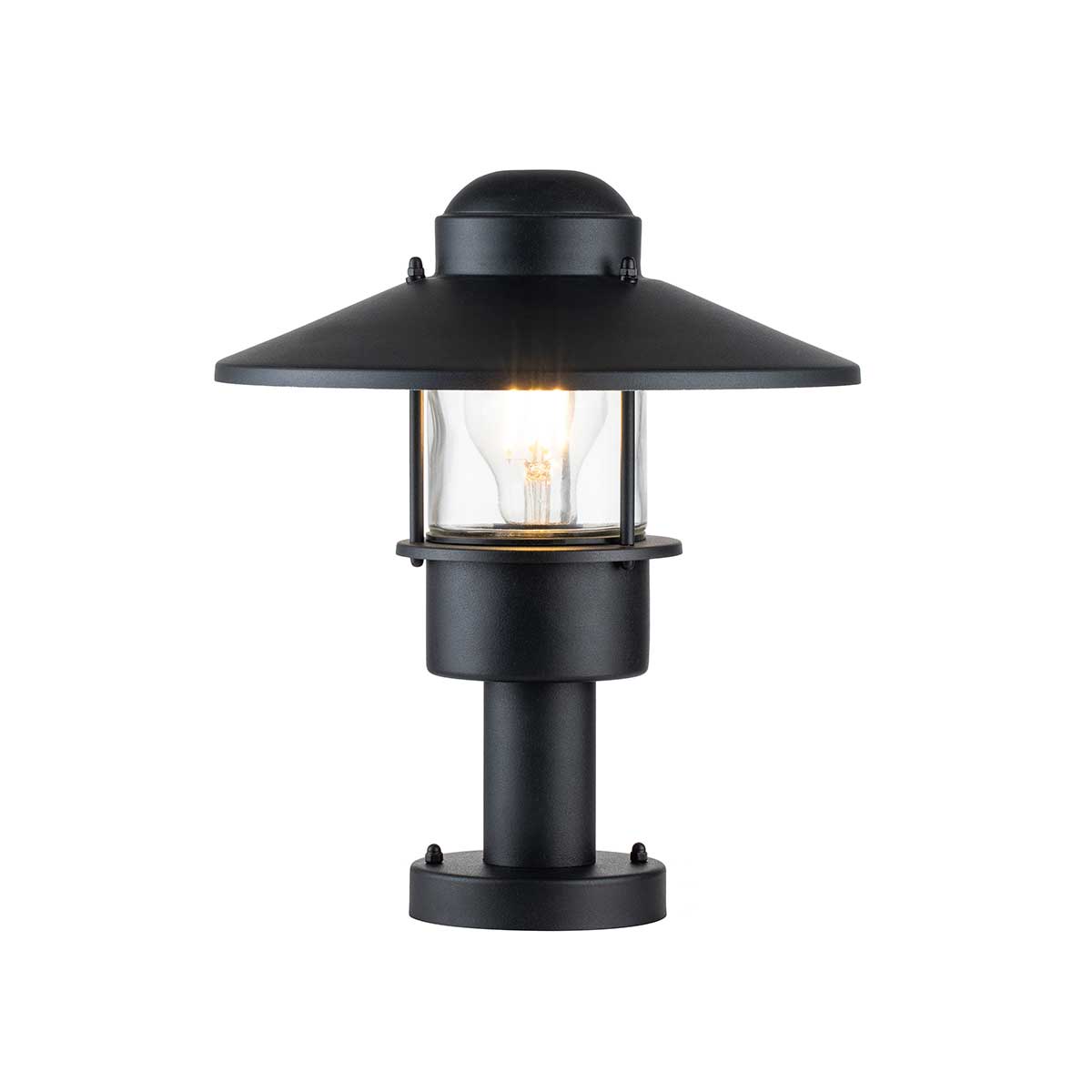 Klampenborg 32cm Schwarz Von Elstead Lighting - Tillverkad av rostfritt st&aring;l i svart finish och glas, erbjuder den en robust konstruktion som st&aring;r emot v&auml;der och vind.