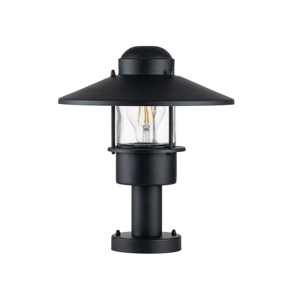 Klampenborg 32cm Schwarz Von Elstead Lighting - Tillverkad av rostfritt st&aring;l i svart finish och glas, erbjuder den en robust konstruktion som st&aring;r emot v&auml;der och vind.