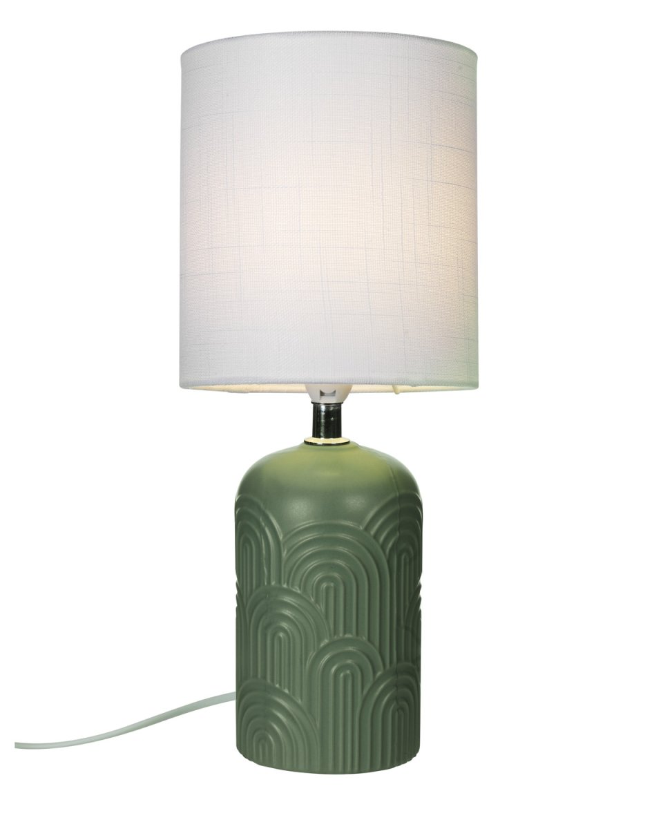 Archie 35cm Grün tischlampe Von Cottex - Die Archie-Tischlampe aus Keramik und Textil ist ein elegantes und warmes Einrichtungsdetail, das jeden Raum aufwertet.