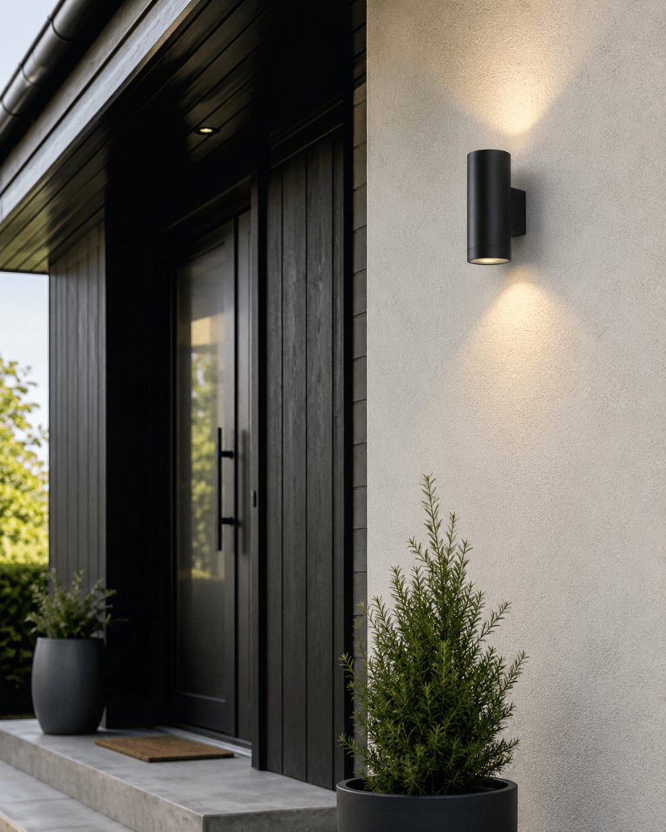 Oden Duo Schwarz außenlampe Von Lampan - Lampan lyser fint b&aring;de upp och ner p&aring; v&auml;ggen.