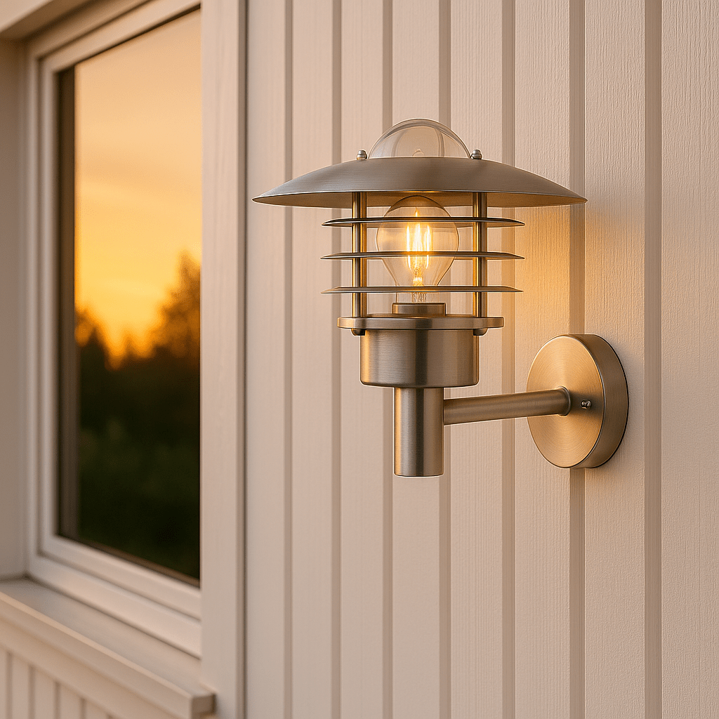 Kalmar Gebürsteter Stahl außenlampe Von Nordic Lighting - Das Licht breitet sich angenehm durch das Glas aus und schafft eine einladende Atmosph&auml;re am Eingang, an der Fassade oder entlang der Hauswand.