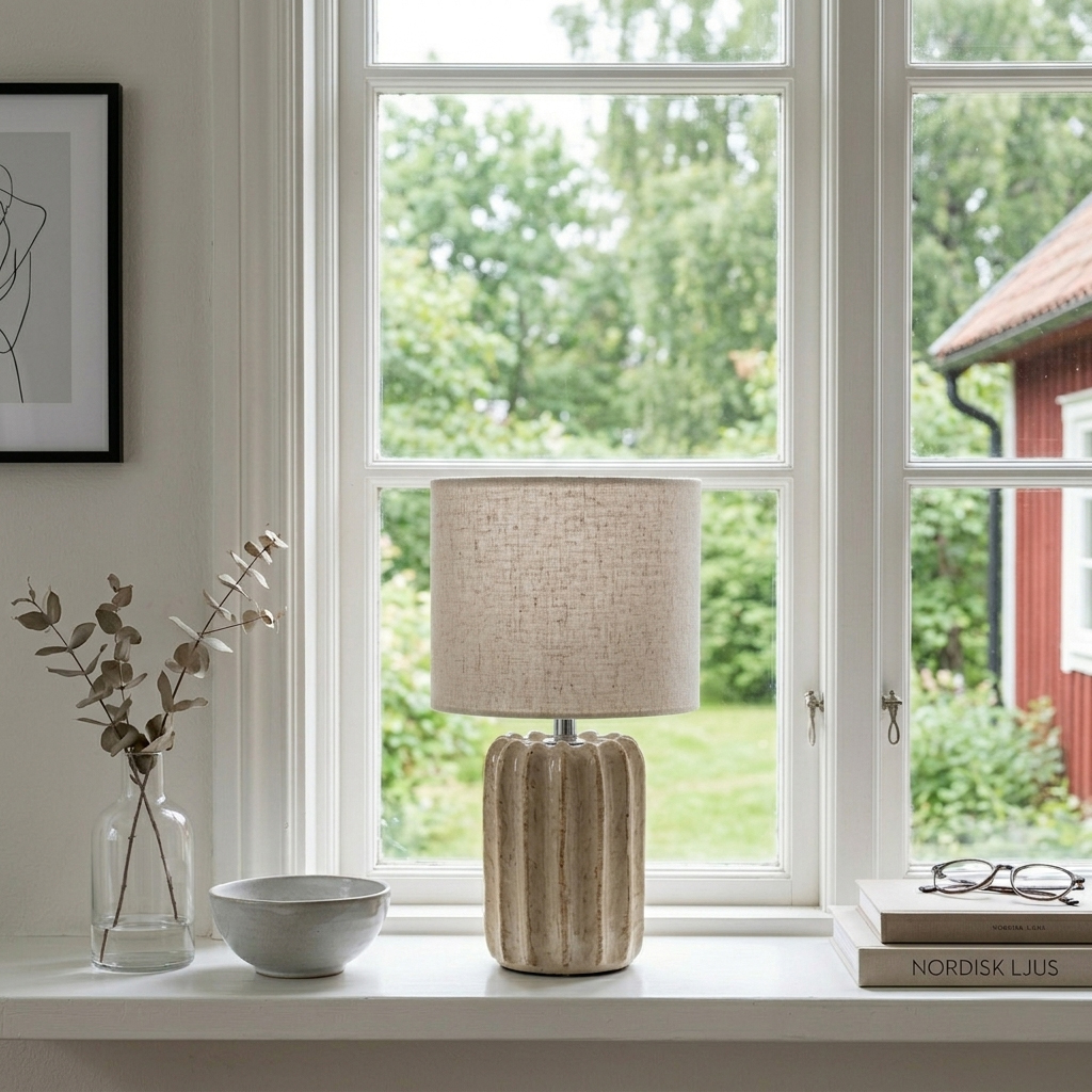 Flint 33cm Beige tischlampe Von Cottex - Die Leuchte wird mit einem 1,5 m langen Kabel, einem Netzschalter und einem Netzstecker geliefert.