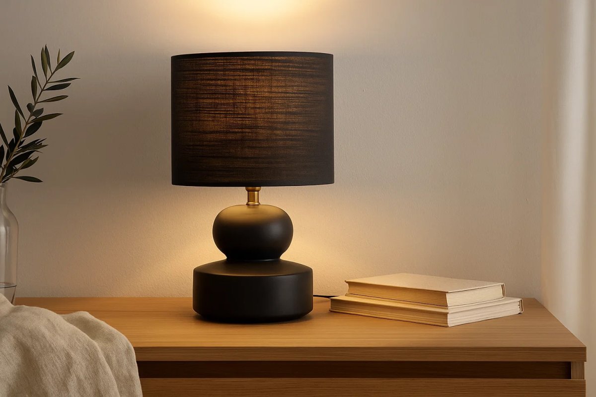 Muschi 36cm Schwarz tischlampe Von Nordic Lighting - Das stilvolle Design und der dunkle Farbton wirken elegant und eignen sich perfekt f&uuml;r eine gem&uuml;tliche und stimmungsvolle Beleuchtung im Wohnzimmer, Schlafzimmer oder Flur.