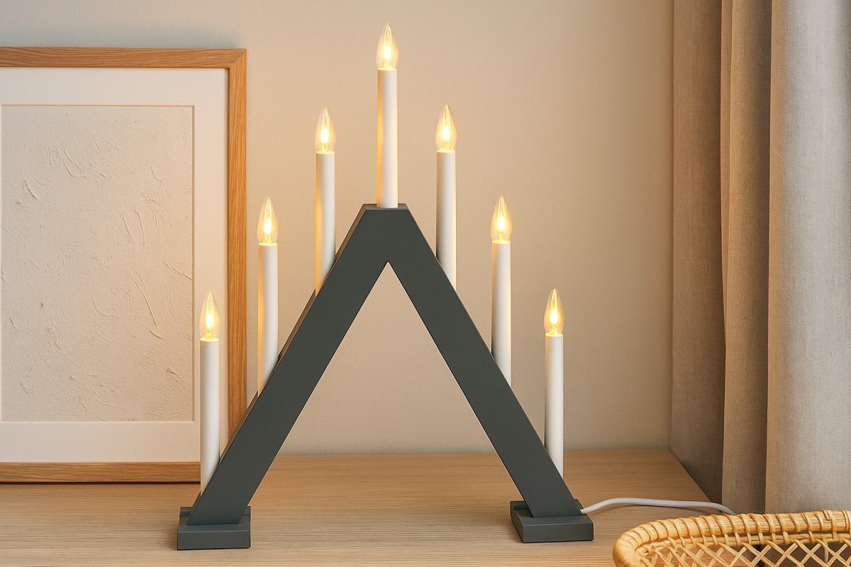 Nova 7 Grau Von Pixie Design - Nova ist ein klassischer Kerzenst&auml;nder mit sieben Holzarmen.
