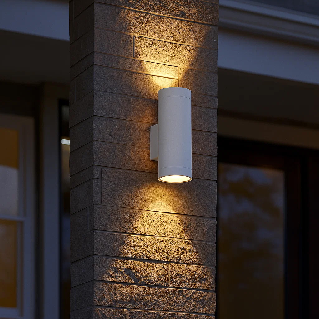 Oden Duo Weiß außenlampe Von Lampan - Lampan lyser fint b&aring;de upp och ner p&aring; v&auml;ggen.