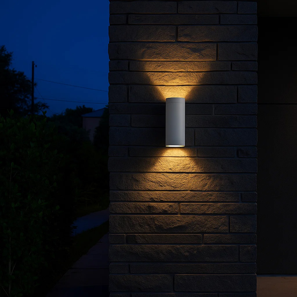 Oden Duo Weiß außenlampe Von Lampan - Lampan lyser fint b&aring;de upp och ner p&aring; v&auml;ggen.