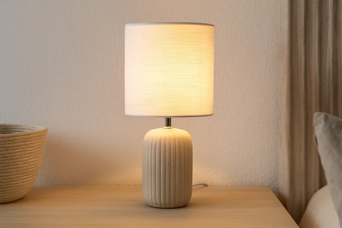Palizzo 33cm Beige tischlampe Von Nordic Lighting - Wird mit einem 1,8 m langen wei&szlig;en Kunststoffkabel mit Netzschalter und Stecker geliefert.