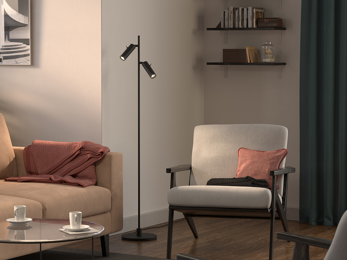 Pipeline 2 Mattschwarz stehlampe Von Herstal - Mit einer H&ouml;he von 132,6 cm und einem Basisdurchmesser von 20 cm bietet Pipeline eine stabile und stilvolle Pr&auml;senz, die sowohl f&uuml;r Wohnzimmer, Schlafzimmer als auch f&uuml;r Heimb&uuml;ros geeignet ist.