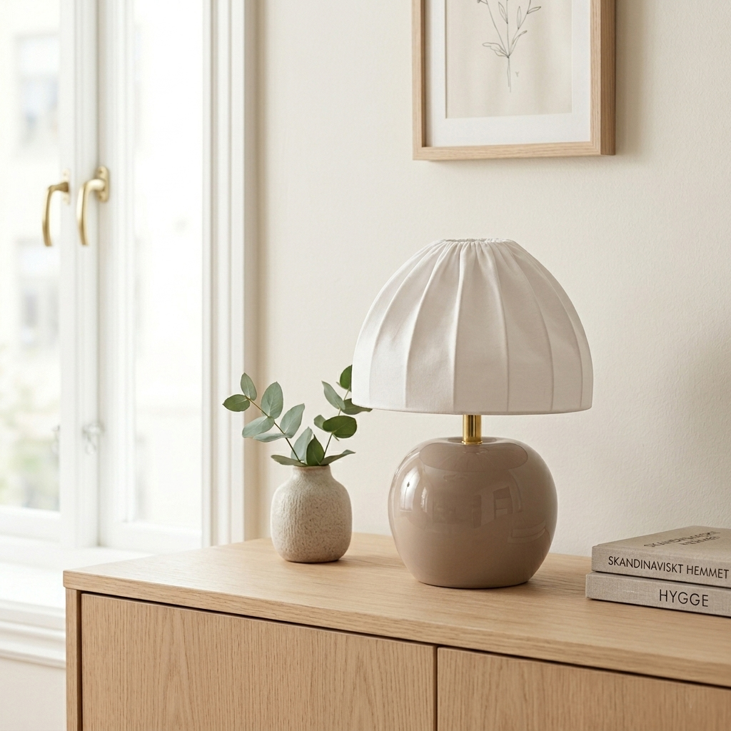 Peach 27cm Beige tischlampe Von Cottex - Der wei&szlig;e Textilschirm mit seinem eleganten Plissee-Design bildet einen sch&ouml;nen Kontrast zum erdigen Fu&szlig; und sorgt f&uuml;r ein sanftes, angenehmes Licht.