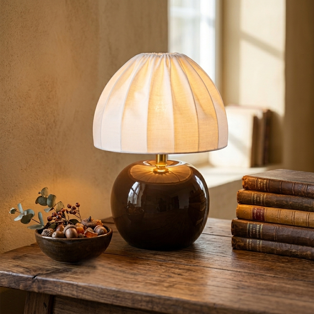 Peach 27cm Braun tischlampe Von Cottex - Der wei&szlig;e Textilschirm mit seinem eleganten Plissee-Design bildet einen sch&ouml;nen Kontrast zum erdigen Fu&szlig; und verbreitet ein sanftes, angenehmes Licht.