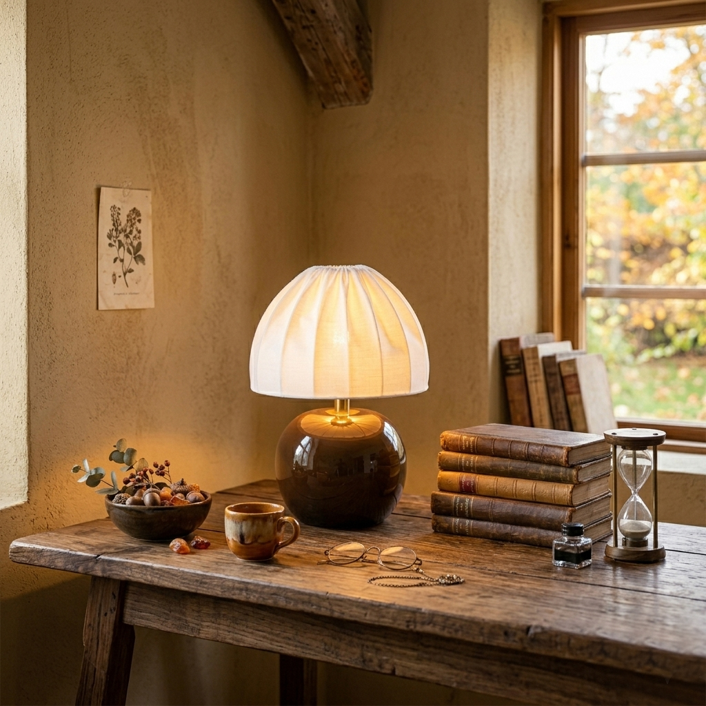 Peach 27cm Braun tischlampe Von Cottex - Der wei&szlig;e Textilschirm mit seinem eleganten Plissee-Design bildet einen sch&ouml;nen Kontrast zum erdigen Fu&szlig; und verbreitet ein sanftes, angenehmes Licht.