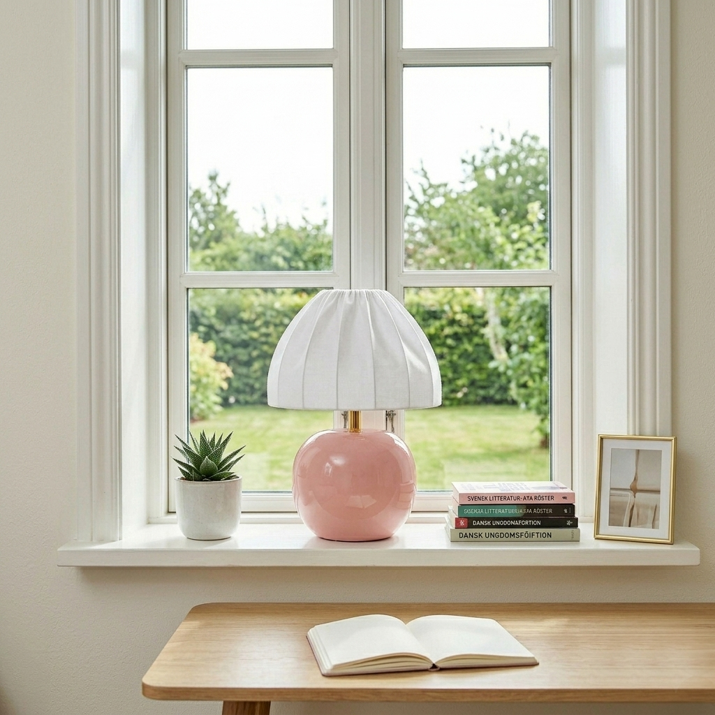 Peach 27cm Rosa tischlampe Von Cottex - Der wei&szlig;e Textilschirm mit seinem eleganten Plissee-Design bildet einen sch&ouml;nen Kontrast zum farbenfrohen Fu&szlig; und sorgt f&uuml;r ein sanftes, angenehmes Licht.