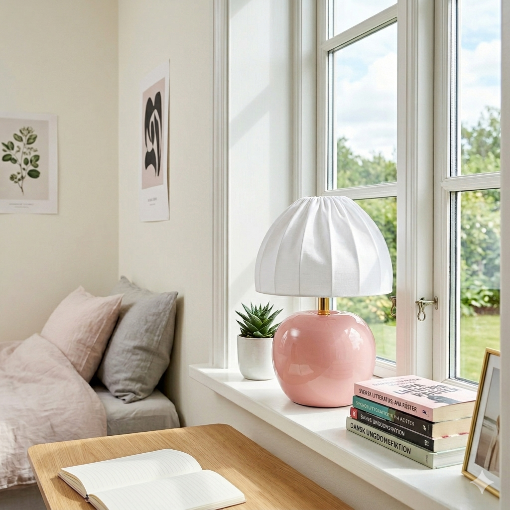 Peach 27cm Rosa tischlampe Von Cottex - Der wei&szlig;e Textilschirm mit seinem eleganten Plissee-Design bildet einen sch&ouml;nen Kontrast zum farbenfrohen Fu&szlig; und sorgt f&uuml;r ein sanftes, angenehmes Licht.