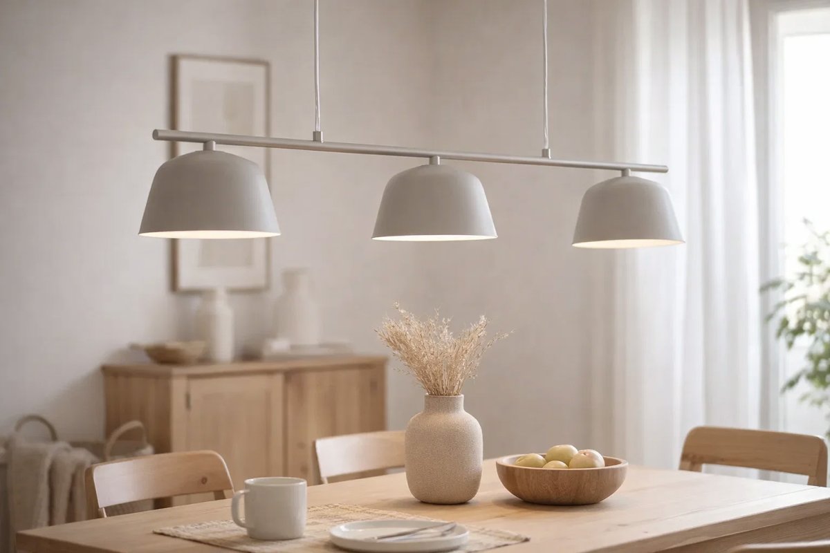 Pop 125cm Beige hängelampe Von Nordic Lighting - Ihre klaren Linien und die nach unten gerichteten Schirme sorgen f&uuml;r ein angenehmes und funktionales Licht &uuml;ber dem Esstisch oder in der K&uuml;che.