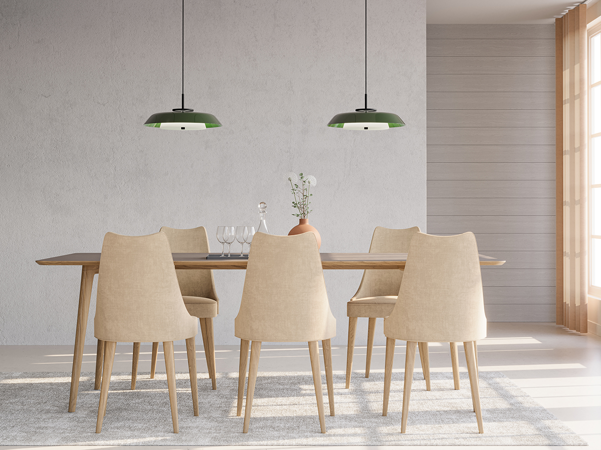Horisont Ø43 Waldgrün hängelampe Von Belid - Inspiriert von der Geschichte Belids und der Küstenlage Varbergs, besticht diese Lampe durch ihr kontrastreiches und zugleich harmonisches Design.