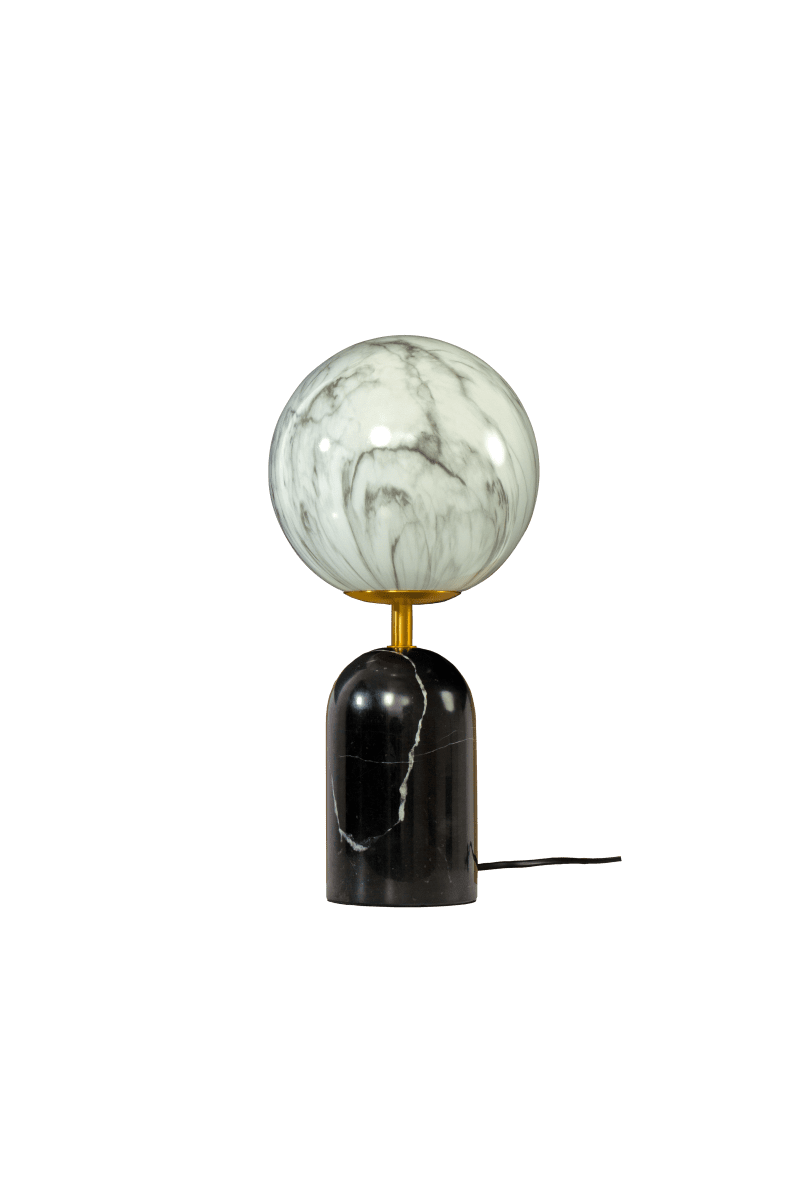 Pierre 30cm Schwarzweiß tischlampe Von Aneta Lighting - Der massive schwarze Steinsockel verleiht der Leuchte einen charaktervollen Ausdruck und wird durch stilvolle Metalldetails in mattem Messing-Finish erg&auml;nzt.