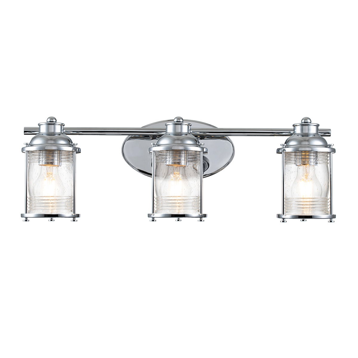 Ashland Bay 60cm Chrom badezimmerlampe Von Elstead Lighting - Es besteht aus Stahl und Glas und bietet ein luxuriöses Finish aus poliertem Chrom sowie drei wunderschön strukturierte Gläser, die das Licht streuen.