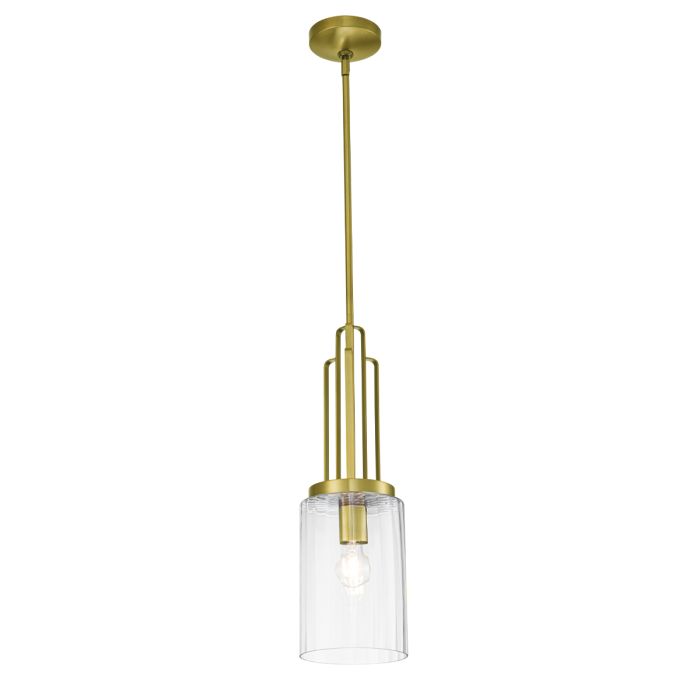 Kimrose Ø18 Gebürstetes Messing hängelampe Von Elstead Lighting - Der zylindrische Glasschirm ist klar und mit vertikalen Rillen versehen, wodurch ein einzigartiger und subtiler Lichteffekt entsteht.