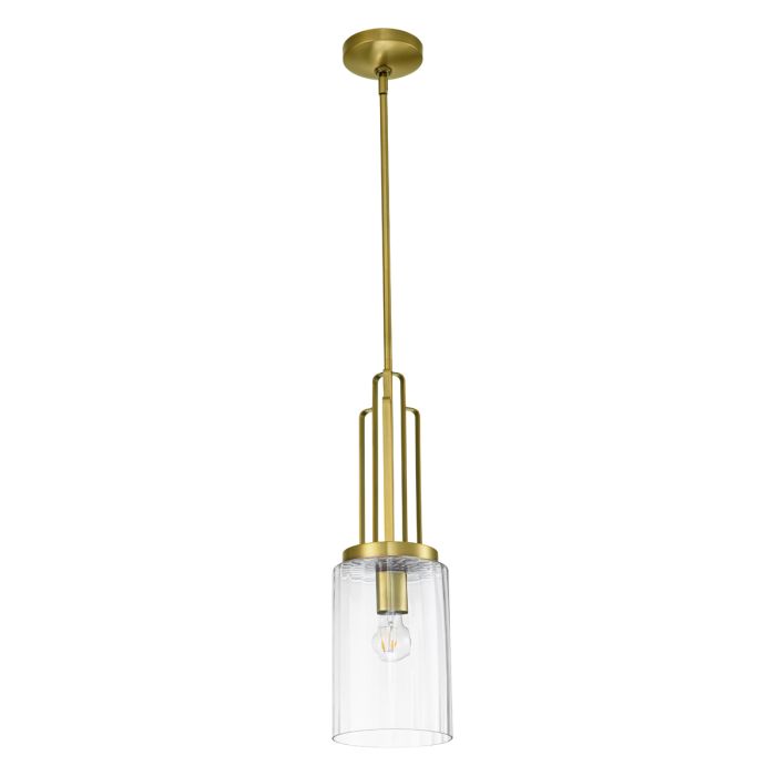 Kimrose Ø18 Gebürstetes Messing hängelampe Von Elstead Lighting - Der zylindrische Glasschirm ist klar und mit vertikalen Rillen versehen, wodurch ein einzigartiger und subtiler Lichteffekt entsteht.