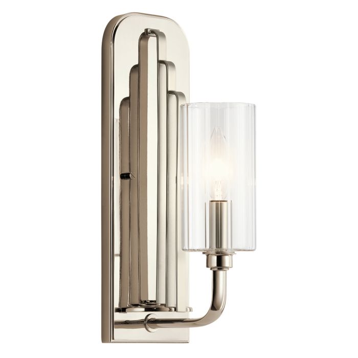 Kimrose 35cm Nickel wandlampe Von Elstead Lighting - Der zylindrische Glasschirm ist klar und mit vertikalen Rillen versehen, wodurch ein einzigartiger und subtiler Lichteffekt entsteht.