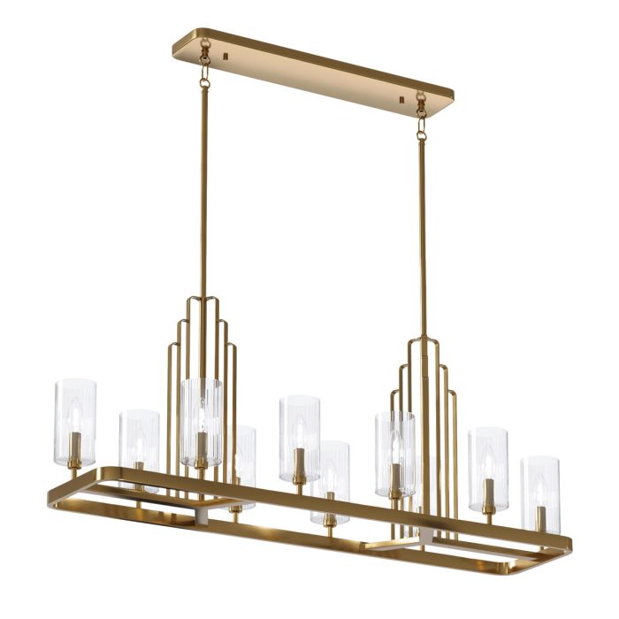 Kimrose 114cm Gebürstetes Messing hängelampe Von Elstead Lighting - Die zylindrischen Glasschirme sind klar und mit vertikalen Rillen versehen, wodurch ein einzigartiger und subtiler Lichteffekt entsteht.
