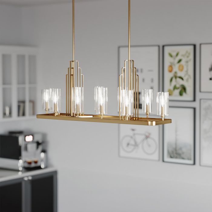 Kimrose 114cm Gebürstetes Messing hängelampe Von Elstead Lighting - Die zylindrischen Glasschirme sind klar und mit vertikalen Rillen versehen, wodurch ein einzigartiger und subtiler Lichteffekt entsteht.