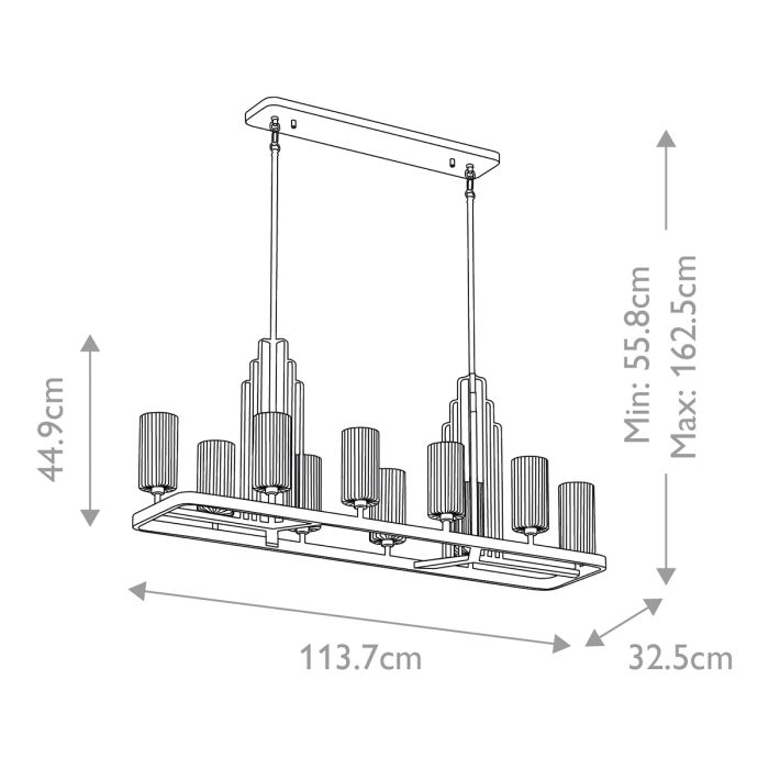 Kimrose 114cm Nickel hängelampe Von Elstead Lighting - Die zylindrischen Glasschirme sind klar und mit vertikalen Rillen versehen, wodurch ein einzigartiger und subtiler Lichteffekt entsteht.
