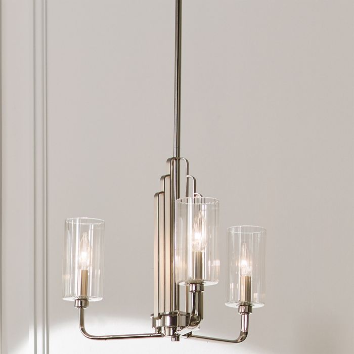 Kimrose Ø45 Nickel hängelampe Von Elstead Lighting - Die zylindrischen Glasschirme sind klar und mit vertikalen Rillen versehen, wodurch ein einzigartiger und subtiler Lichteffekt entsteht.