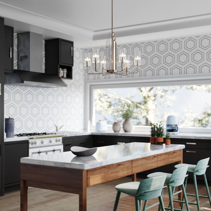 Kimrose Ø68 Nickel hängelampe Von Elstead Lighting - Die zylindrischen Glasschirme sind klar und mit vertikalen Rillen versehen, wodurch ein einzigartiger und subtiler Lichteffekt entsteht.