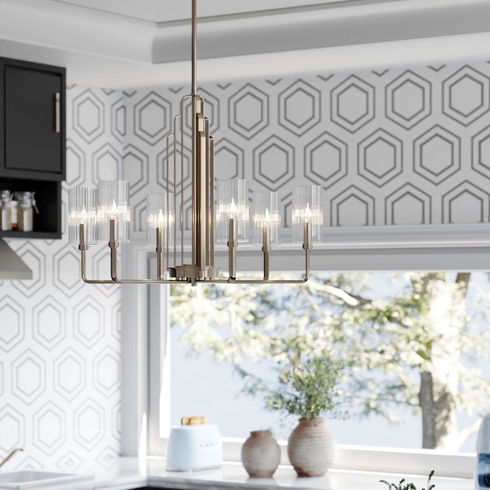 Kimrose Ø68 Nickel hängelampe Von Elstead Lighting - Die zylindrischen Glasschirme sind klar und mit vertikalen Rillen versehen, wodurch ein einzigartiger und subtiler Lichteffekt entsteht.