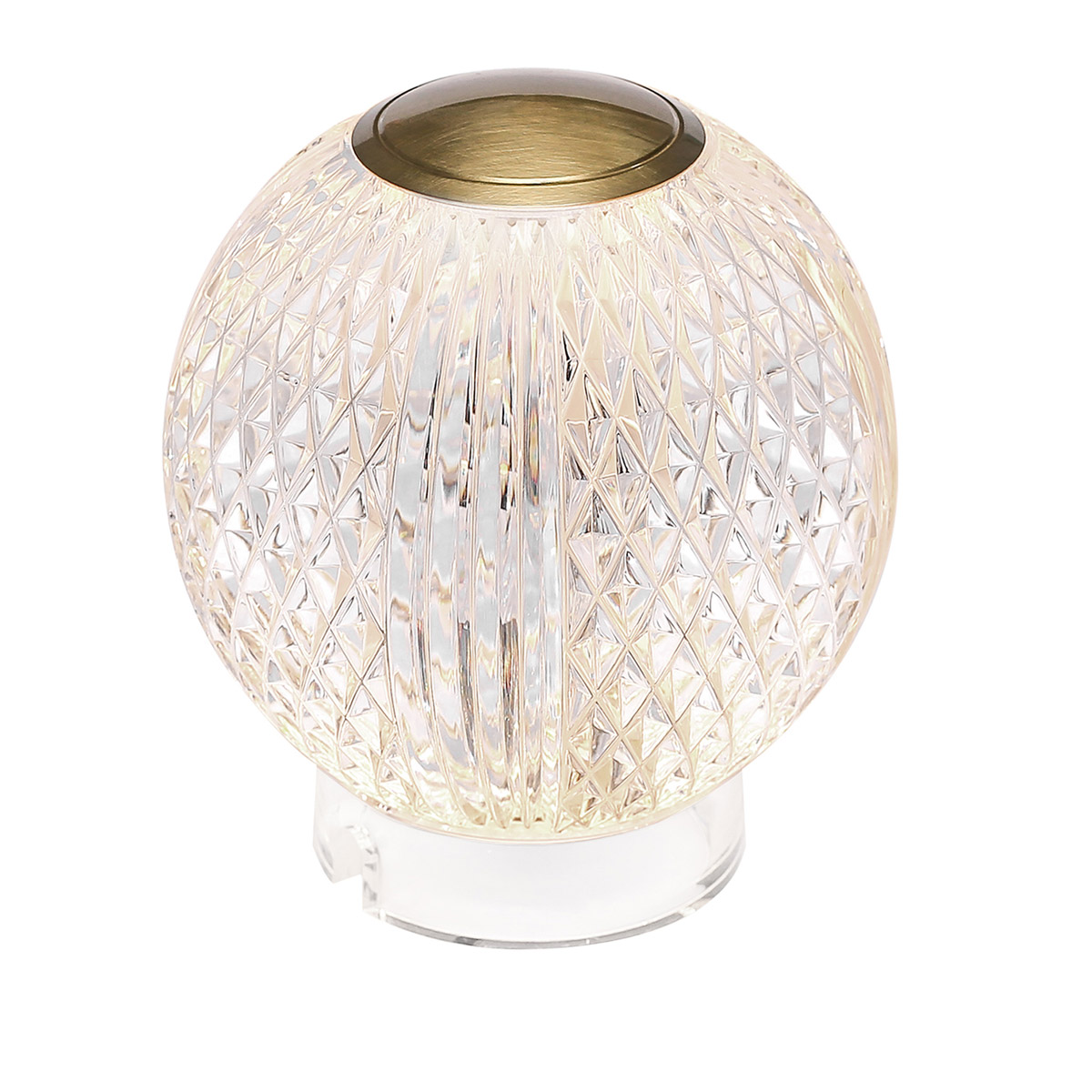Marni 10cm Transparent tragbare Von Elstead Lighting - Marni ist eine elegante, wiederaufladbare Tischleuchte mit dekorativem Design, die Stahl in natürlicher Messingoptik mit transparentem, gemustertem Acryl kombiniert.
