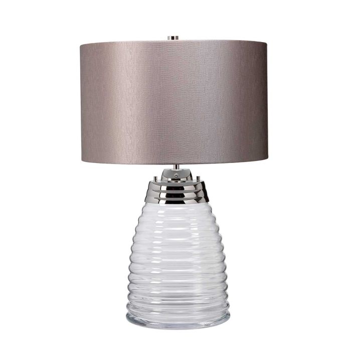 Milne 64cm Grau tischlampe Von Elstead Lighting - Till sk&auml;rmen beh&ouml;vs en E27 ljusk&auml;lla (ej inkluderad) och till basen ing&aring;r en utbytbar 8W LED GU10-lampa, som ger 560 lumen vid en f&auml;rgtemperatur p&aring; 3000K.