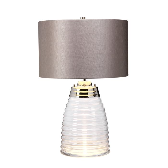 Milne 64cm Grau tischlampe Von Elstead Lighting - Till sk&auml;rmen beh&ouml;vs en E27 ljusk&auml;lla (ej inkluderad) och till basen ing&aring;r en utbytbar 8W LED GU10-lampa, som ger 560 lumen vid en f&auml;rgtemperatur p&aring; 3000K.