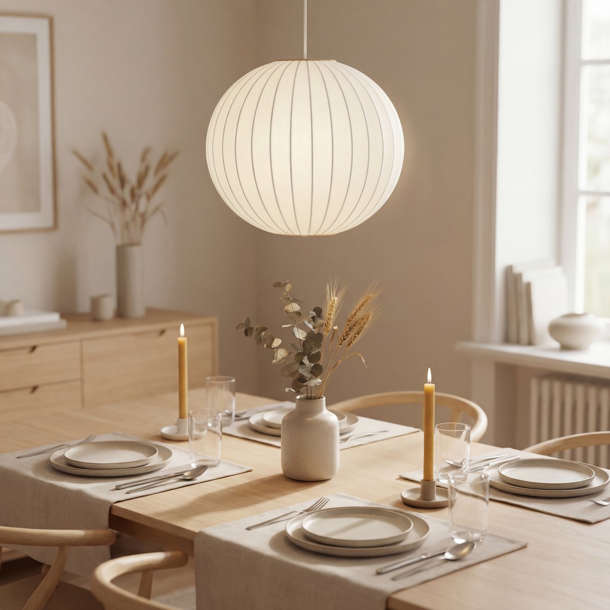 Kanoa Ø40 Weiß hängelampe Von Aneta Lighting - Im eingeschalteten Zustand verbreitet die Lampe ein angenehmes Licht, das durch den Stoff dringt und zu einer warmen und behaglichen Atmosph&auml;re im Raum beitr&auml;gt.