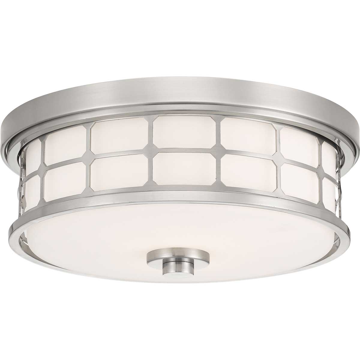 Guardian Ø35 Gebürstetes Nickel badezimmerlampe Von Elstead Lighting - Die Oberfl&auml;che aus geb&uuml;rstetem Nickel und der geometrische Rahmen verleihen der Lampe ein elegantes Aussehen, w&auml;hrend das Opalglas ein angenehmes und weiches Licht verbreitet.