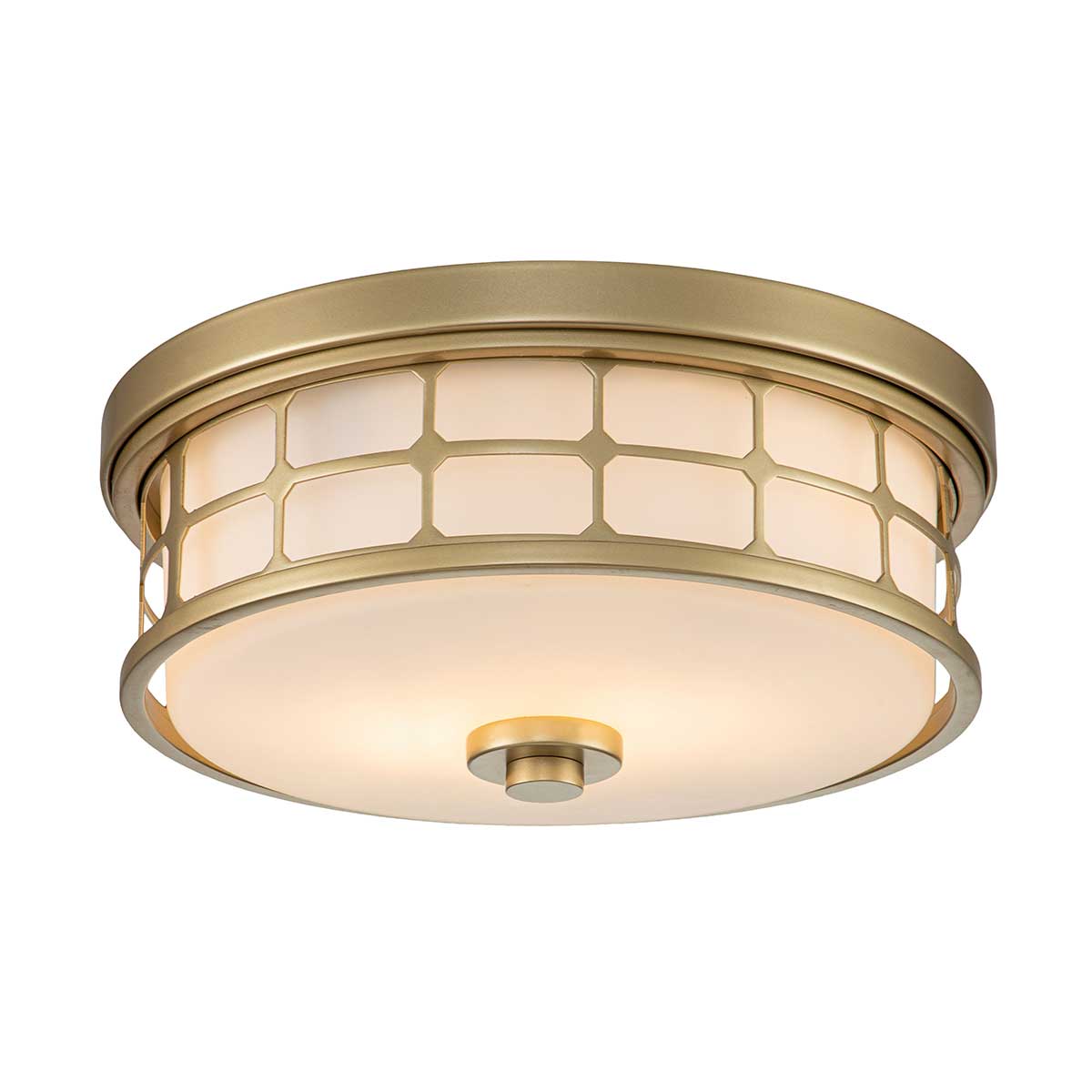 Guardian Ø35 Messing badezimmerlampe Von Elstead Lighting - Das Messingfinish und der geometrische Rahmen verleihen der Lampe ein elegantes Aussehen, während das Opalglas ein angenehmes und weiches Licht verbreitet.