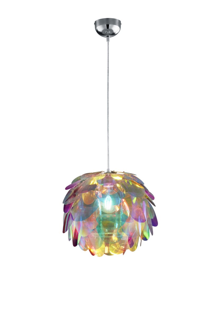 Clover Ø40 Mehrfarbig hängelampe Von Trio Lighting - Die Lampe hat Kunststoffbl&auml;tter in Regenbogenfarben &ndash; Lila, Rot, Gr&uuml;n, Blau und Gelb &ndash; und sorgt f&uuml;r eine fr&ouml;hliche Atmosph&auml;re.
