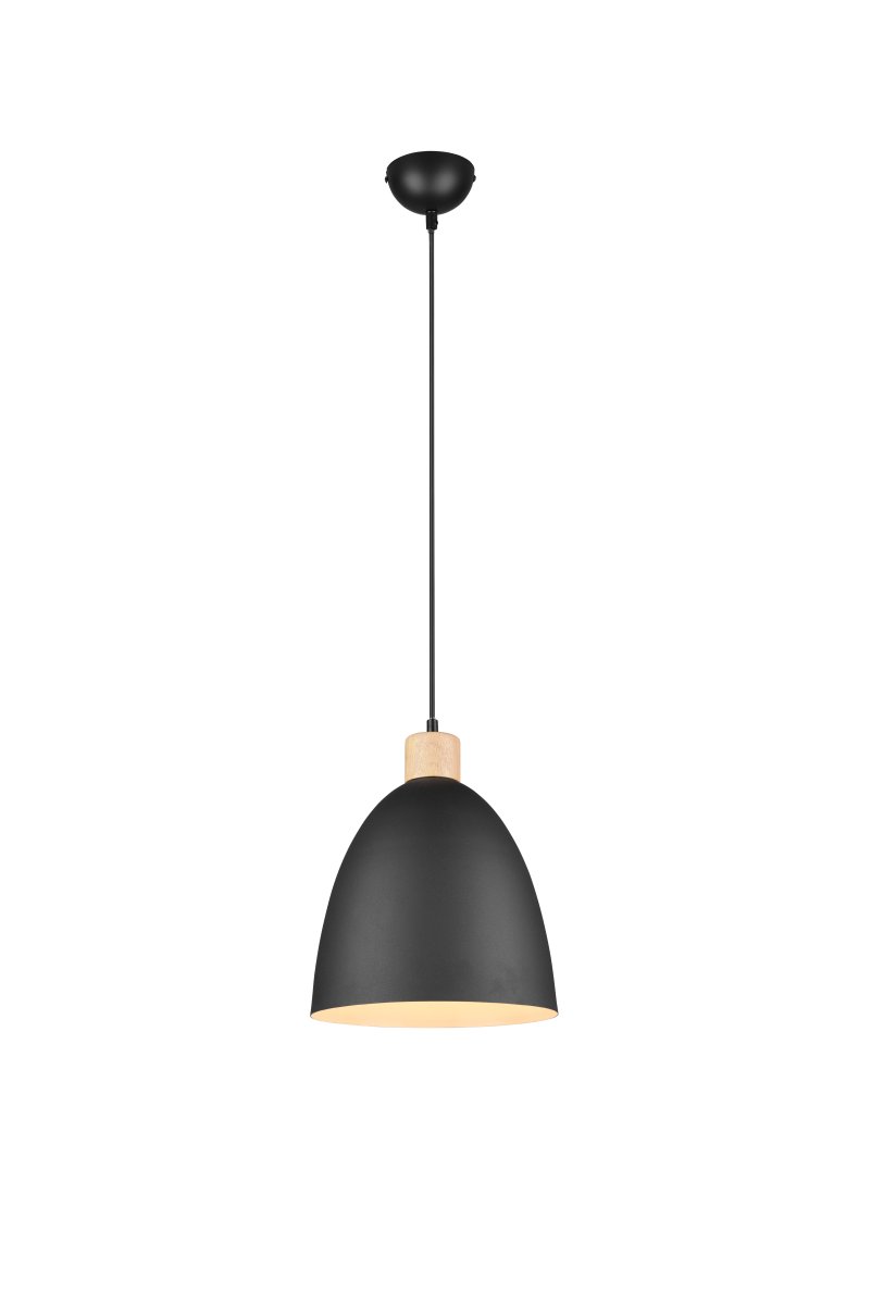 Jagger Ø25 Schwarz hängelampe Von Trio Lighting - Die Pendelleuchte Jagger vereint Holz und Metall in einem eleganten Materialmix, der ins Auge fällt und einen spannenden Kontrast erzeugt.