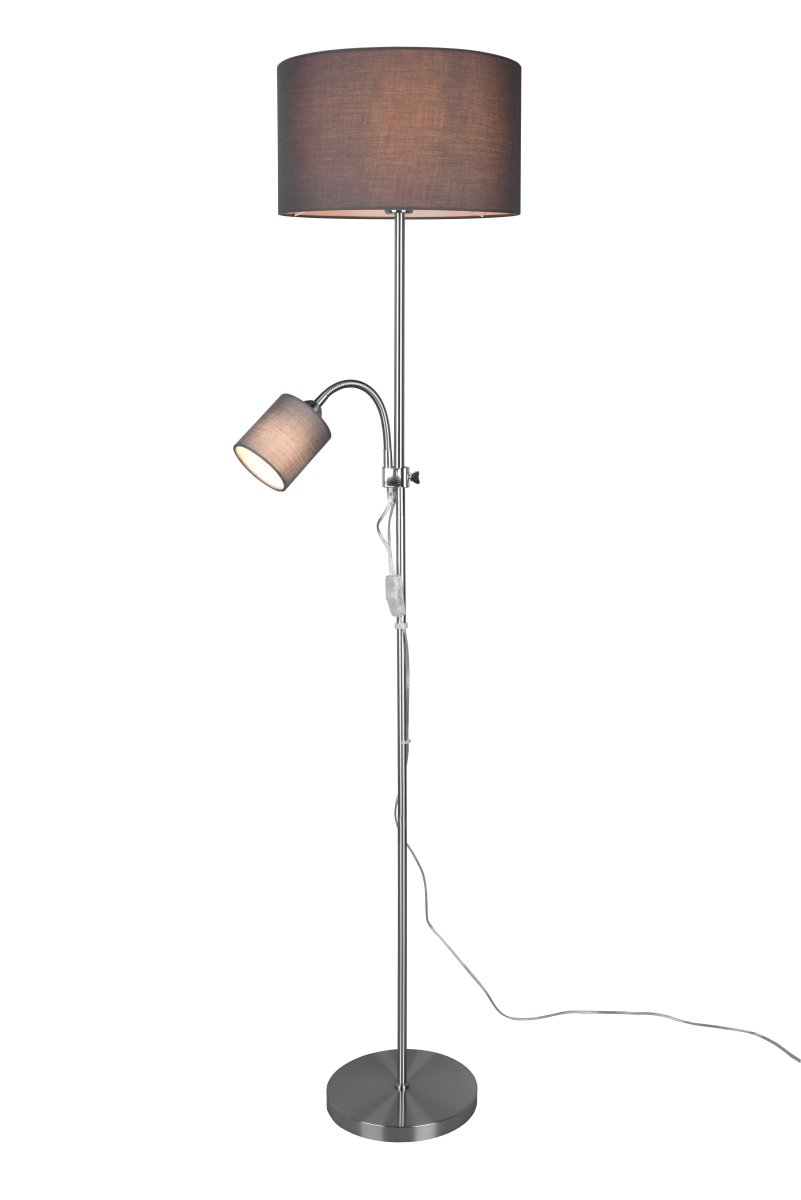 Owen Grau stehlampe Von Trio Lighting - Beide Lichtquellen lassen sich separat steuern und die elegante Kombination aus grauen Lampenschirmen und mattem Nickel macht Owen zu einer stilvollen Erg&auml;nzung f&uuml;r Ihr Zuhause.