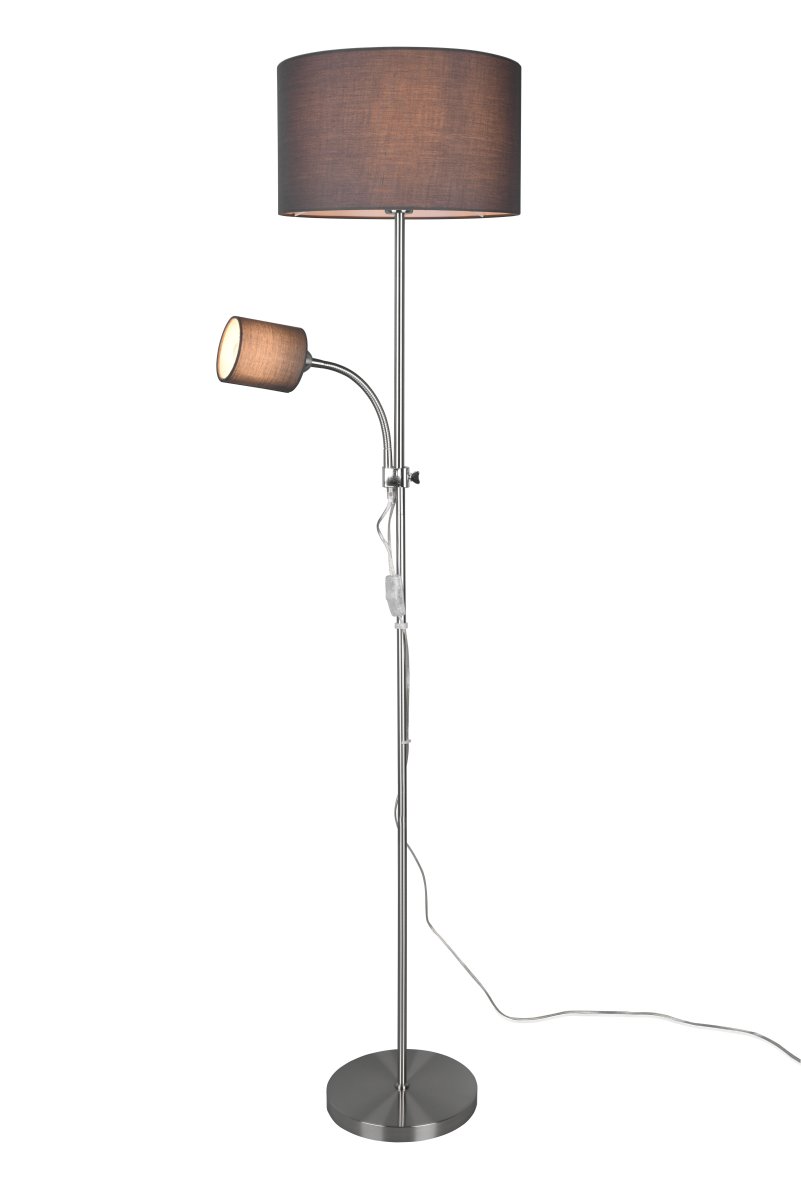 Owen Grau stehlampe Von Trio Lighting - Beide Lichtquellen lassen sich separat steuern und die elegante Kombination aus grauen Lampenschirmen und mattem Nickel macht Owen zu einer stilvollen Erg&auml;nzung f&uuml;r Ihr Zuhause.