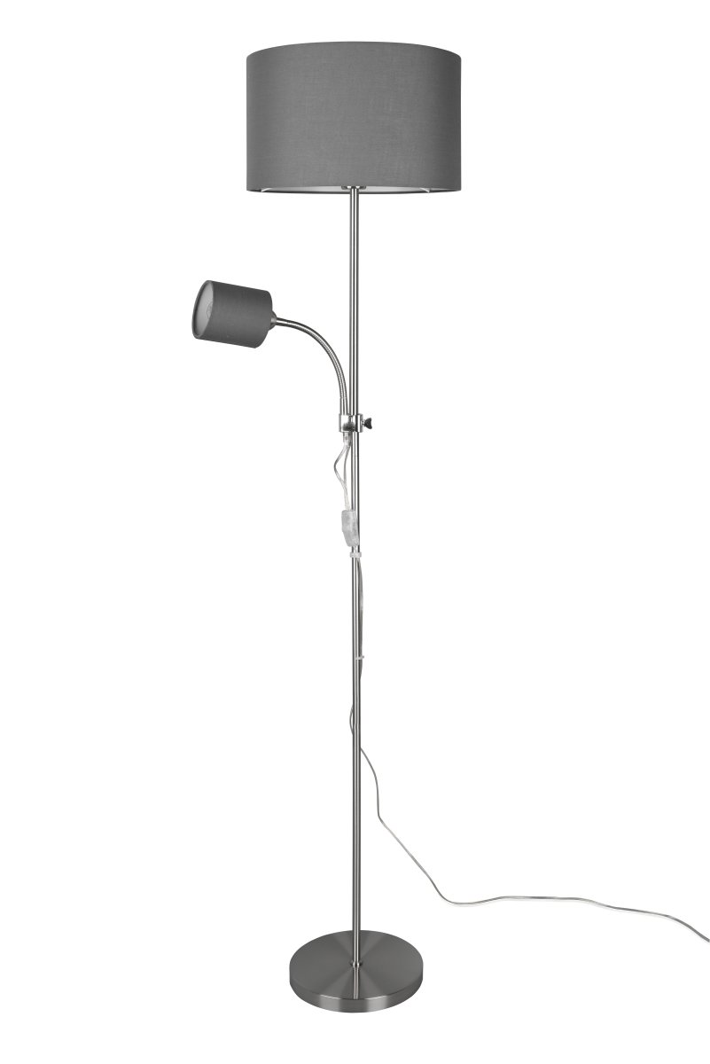 Owen Grau stehlampe Von Trio Lighting - Beide Lichtquellen lassen sich separat steuern und die elegante Kombination aus grauen Lampenschirmen und mattem Nickel macht Owen zu einer stilvollen Erg&auml;nzung f&uuml;r Ihr Zuhause.