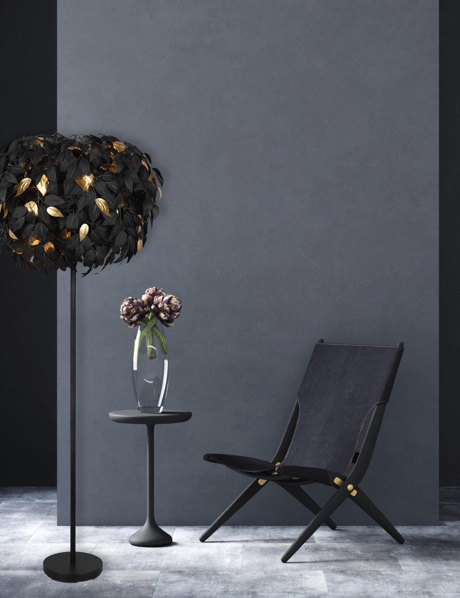 Leavy Schwarz stehlampe Von Trio Lighting - Die Stehleuchte Leavy ist mit ihren dekorativen Kunststoffblättern, die ihr einen unverwechselbaren und bezaubernden Stil verleihen, ein einzigartiges und beeindruckendes Highlight in Ihrem Zuhause.