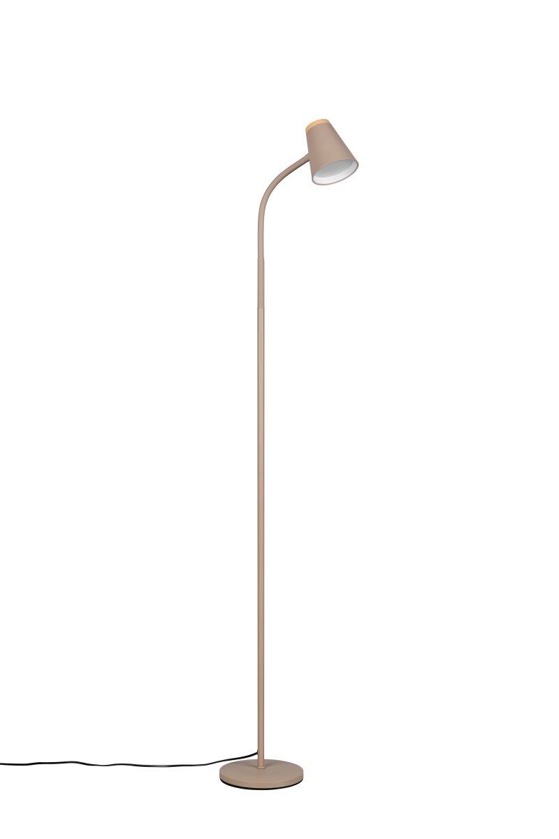Pongo Beige stehlampe Von Trio Lighting - Ihre schlanke Form und der abgewinkelte Lampenkopf machen Pongo vielseitig und f&uuml;gen sich harmonisch in jedes Zuhause und jeden Einrichtungsstil ein.