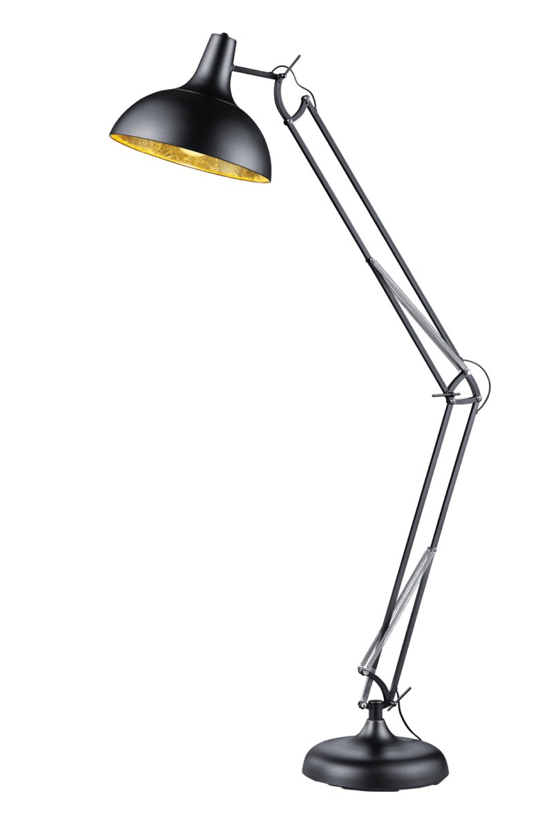 Salvador Schwarz stehlampe Von Trio Lighting - Die Stehleuchte Salvador vereint modernes Industriedesign mit dem eleganten Schwarz-Gold-Trend und sorgt so f&uuml;r eine stimmungsvolle Atmosph&auml;re in Ihrem Zuhause.