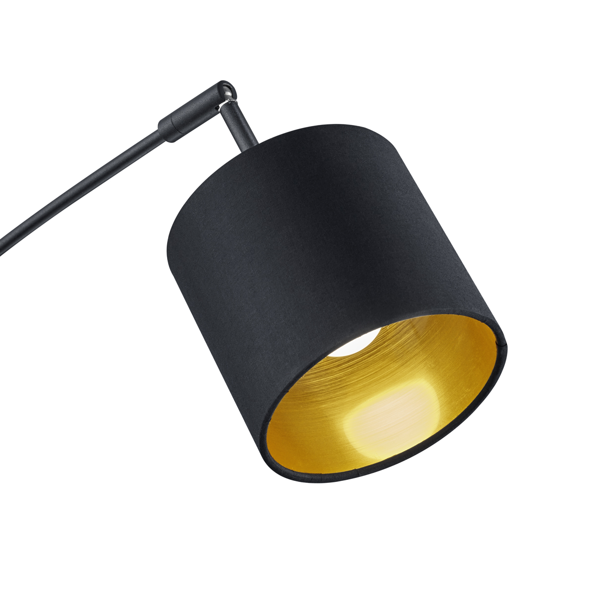 Tommy 5 Schwarz stehlampe Von Trio Lighting - Die klaren, modernen Formen und das mattschwarze Metall mit schwarzen und goldenen Stoffschirmen machen die Leuchte zu einem eleganten und flexiblen Einrichtungsdetail.