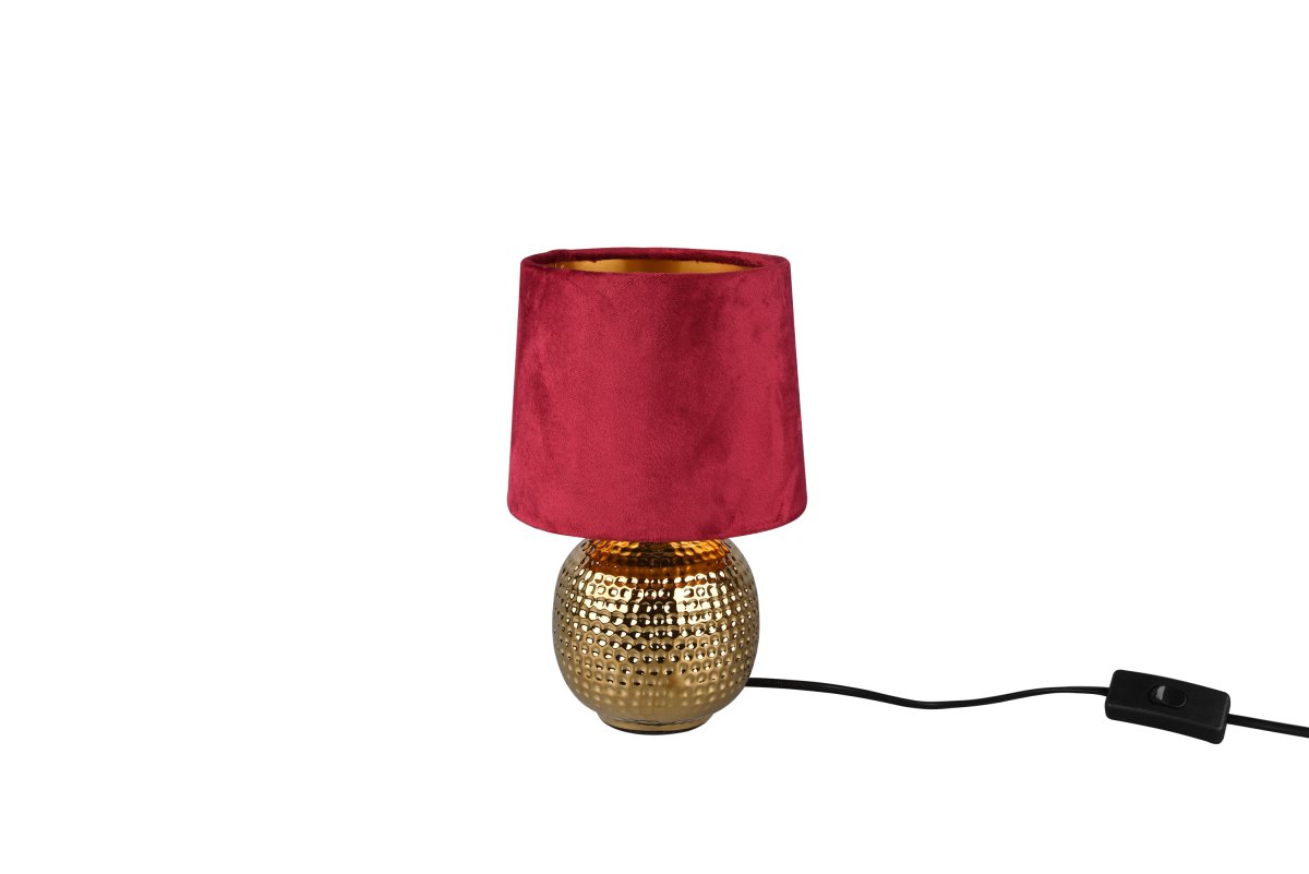 Sophia 26cm ROT tischlampe Von Trio Lighting - Die Kombination aus glänzender goldener Keramik und dem roten Stoffschirm verleiht Sophia einen eleganten und modernen Look, der jeden Raum aufwertet.