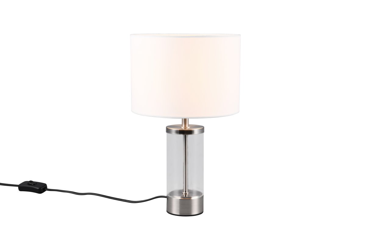 Grazia 34cm Weiß tischlampe Von Trio Lighting - Die Tischleuchte Grazia kombiniert einen eleganten Stoffschirm mit einem stilvollen zylindrischen Fuß aus Glas und Metall und vermittelt so einen harmonischen und edlen Eindruck.