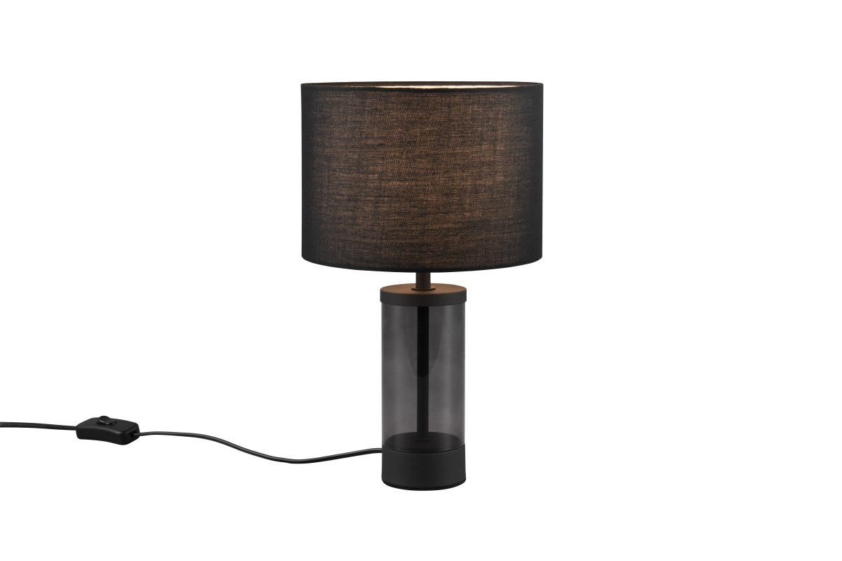 Grazia 34cm Schwarz tischlampe Von Trio Lighting - Die Tischleuchte Grazia kombiniert einen eleganten Stoffschirm mit einem stilvollen zylindrischen Fuß aus Glas und Metall und vermittelt so einen harmonischen und edlen Eindruck.