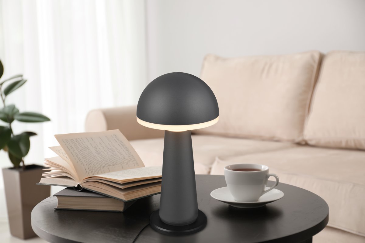 Fungo 30cm Anthrazit tragbare Von Trio Lighting - Mit Touch-Funktion zur Dimmbarkeit und einstellbaren Lichtfarbe sowie separater Ladestation ist sie eine flexible Lichtquelle für drinnen und draußen.